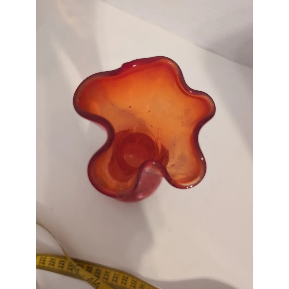 Vintage Hand Blown Art Glass Vace Orange Red‎ Ruffled Top Mid-Cenrury Modern